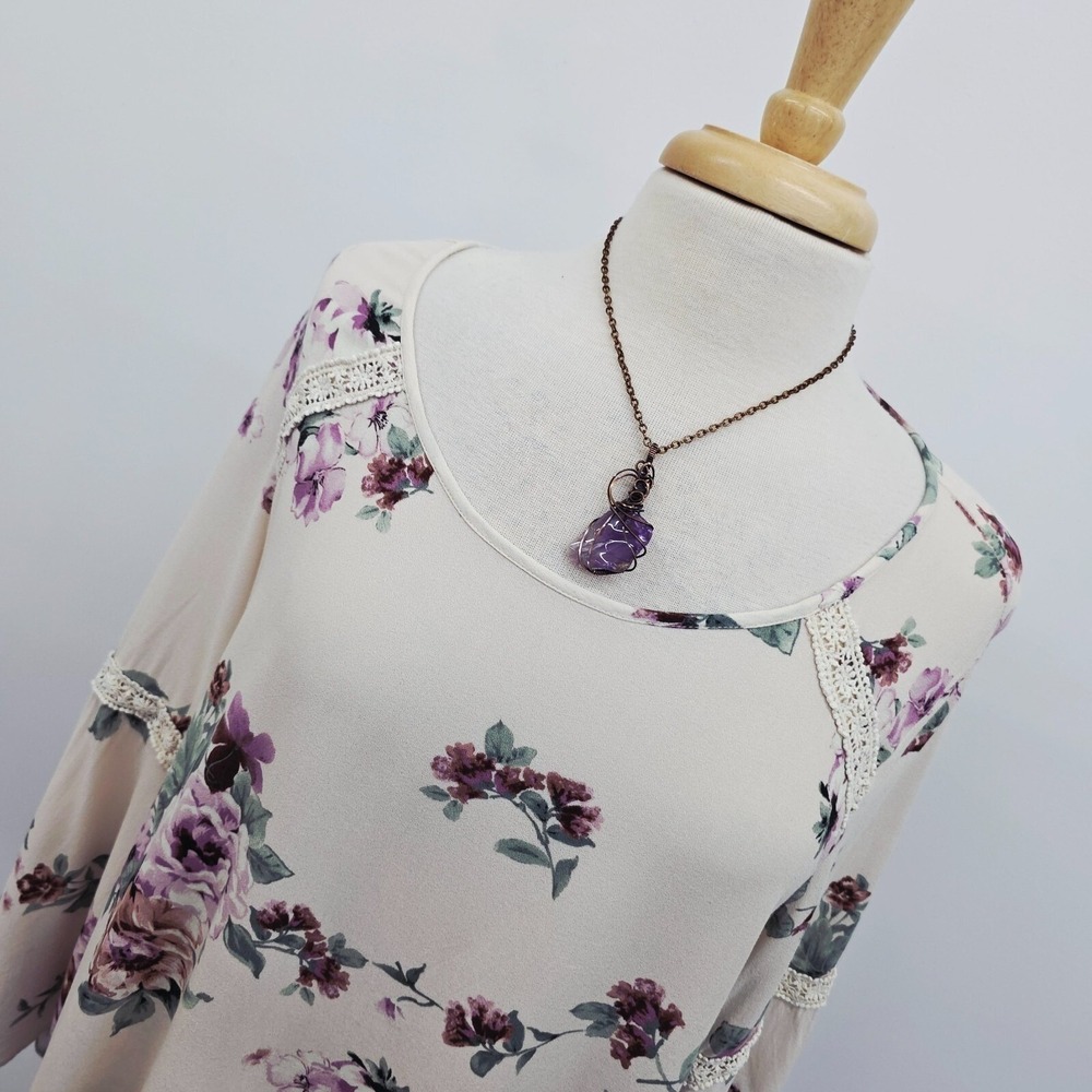 Jennie & Marlis Floral Bell Sleeve Blouse Ivory‎ Purple Lace Trim 1X Boho Fairy - Picture 5 of 14